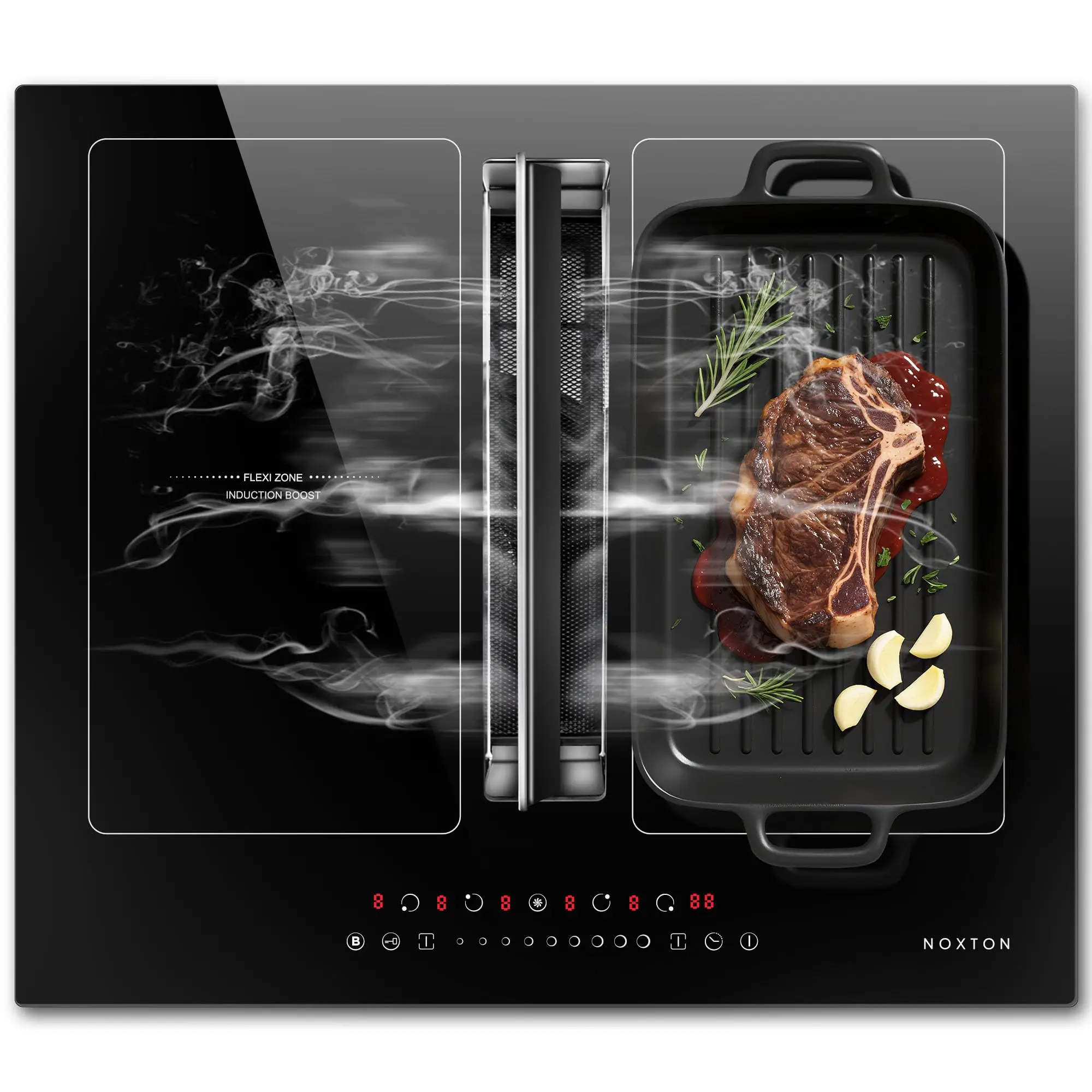 NOXTON Placa de inducción 4 fuegos con campana extractora, zonas flexibles, Booster, temporizador, 7200 W, y campana extractora de 145 W, 220-240V, sin enchufe [Clase de eficiencia energética B]