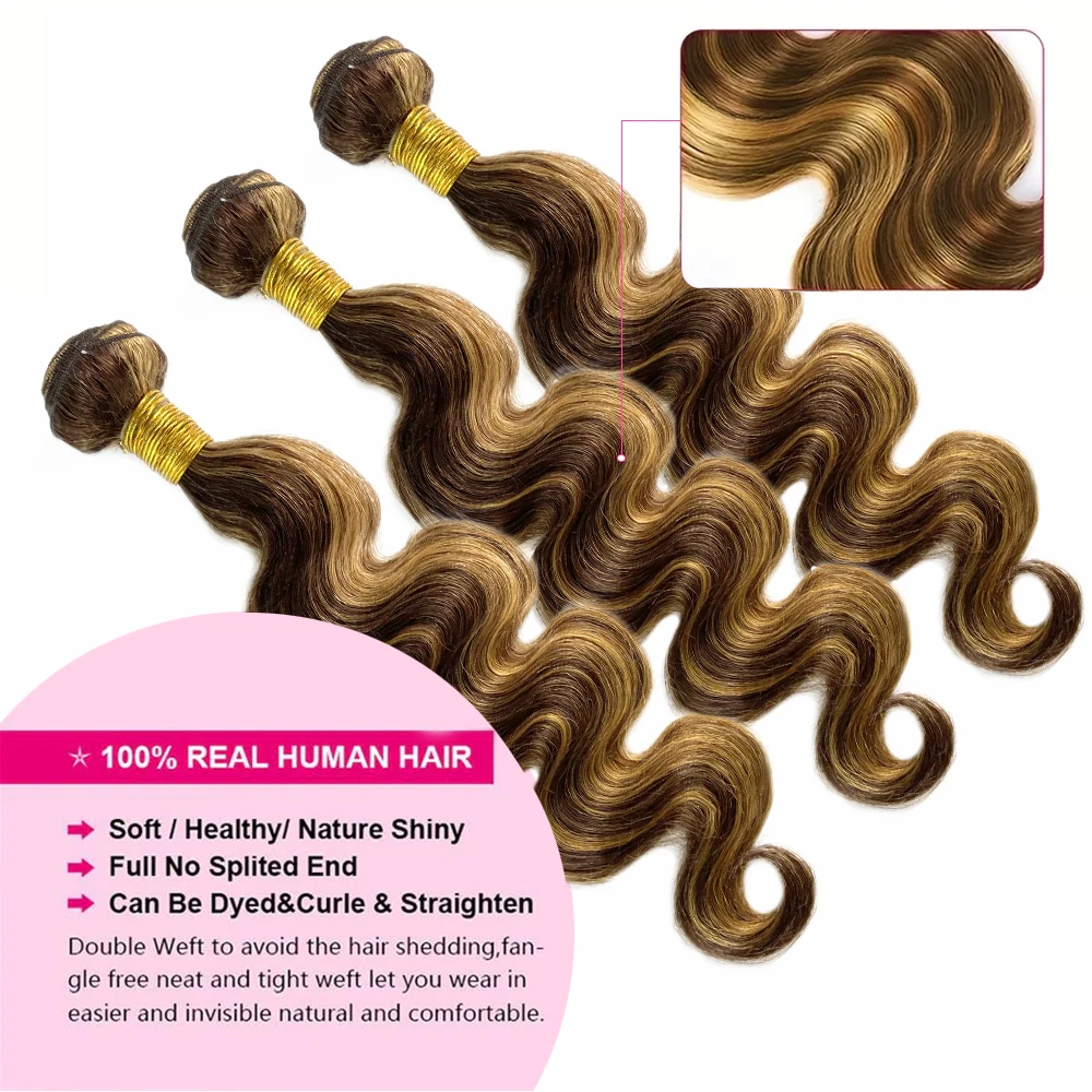 Highlight Body Wave Human Hair Bundles with 13x4 Lace Frontal Honey Blonde 3 Bundles With Frontal Closure P4/27 Hair Extensions