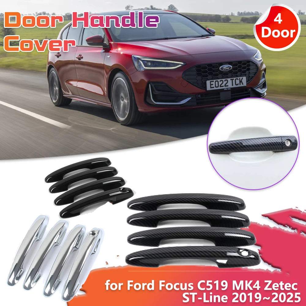 Car Door Handle Cover for Ford Focus C519 MK4 Zetec ST-Line 2019~2025 Carbon Fiber Black Sticker Trim Scratch Cap Accessories