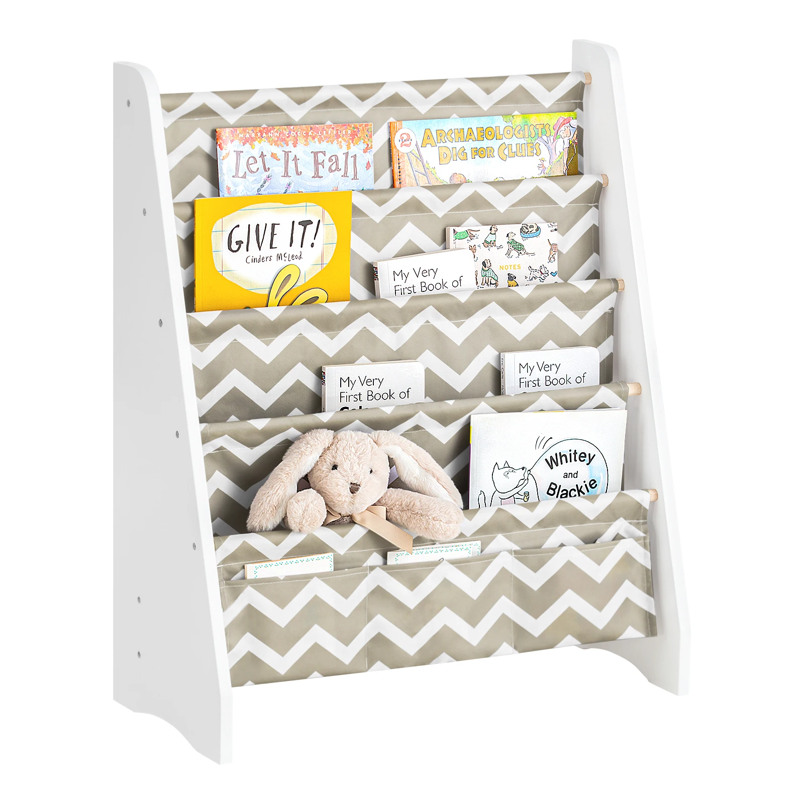 SoBuy KMB50 Estantería para niños Ventilador de mano colgante Estantería Soporte para periódicos con 4 estantes Estante para libros BHT Aprox: 63x76x28 cm