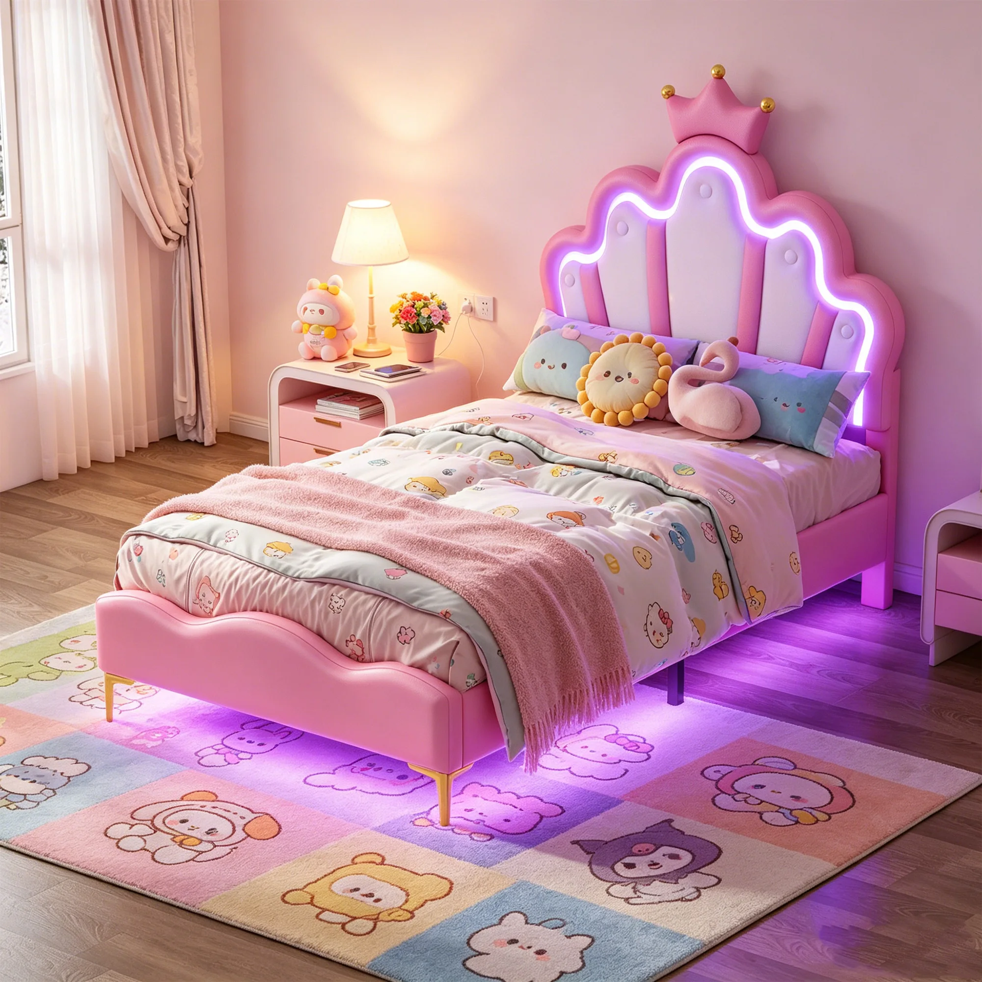 Superaly 90x200cm Kinder-Einzelbett mit LED-Licht, Mädchenbett, Prinzessinnenbett mit verstellbarem Kopfteil, Bett mit weicher PU-Lederpolsterung, Bettgestell für Schlafzimmer, Rosa
