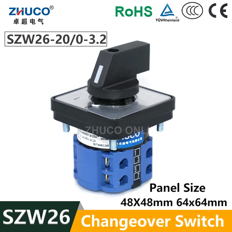 ZHUCO SZW26/LW26-20 20A 64X64 Mm 48X48 Mm 0-1-2-3 Two Pole Four Position Power Knob Selection Universal Changeover Cam Switch