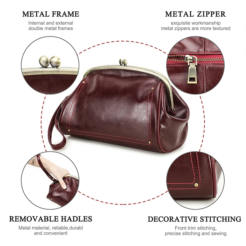 Genuine Leather Women Clutch Wallet Kiss Lock Design Luxury Female Purse Handbag Large Capacity Long Wallet Bag Phone Pocket