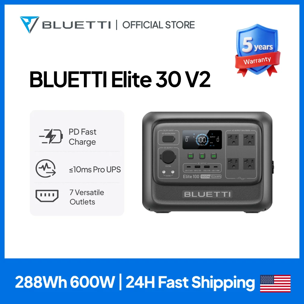 

BLUETTI Elite 30 V2 | Портативная электростанция 288 Вт·ч, 600 Вт, легкая, с быстрой зарядкой, солнечный генератор для дома и активного отдыха
