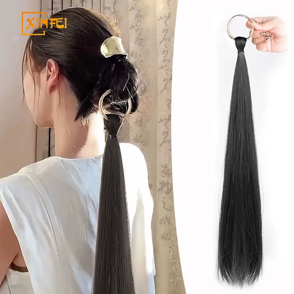 New Chinese Wig Female Decorative Ring Ponytail Hanfu Headdress Long Straight Ponytail Natural Wig Double Ponytail Wig Braid