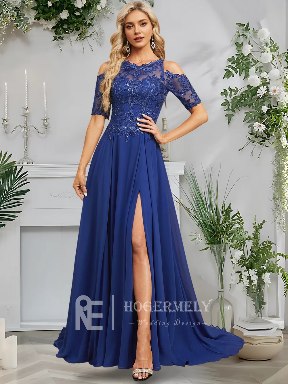 A Evening Dress Royal Blue A-Line Cold Shoulder Scoop Chiffon Lace Prom Dress Sweep Train 1/2 Sleeve Formal Wedding Party Guest