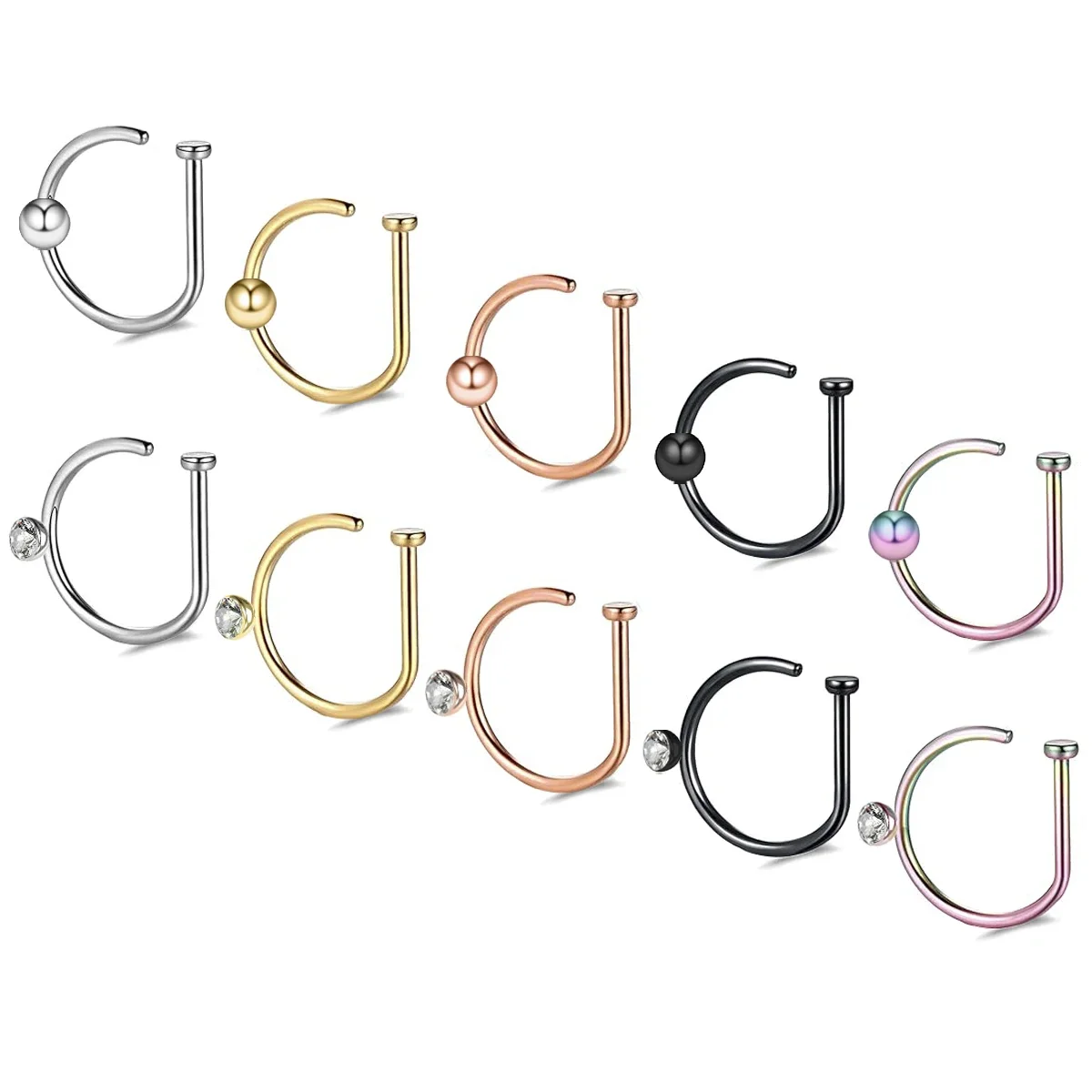 2 szt. / zestaw Punk D-Shaped Stainless Steel Inset Rhinodiamond-Round Ball Fake Nose Ring Nose Clip Dla kobiet i mężczyzn na biżuterii nosowej — zdjęcie 2