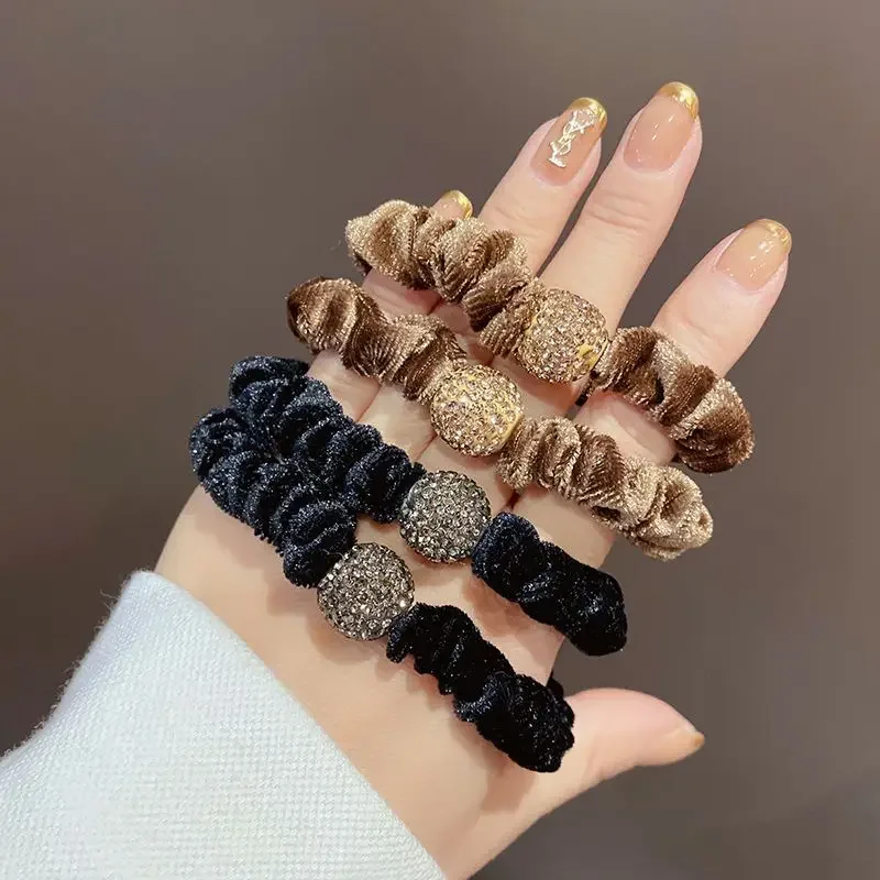 4szt Moda Błyszcząca Kryształowa Kula Aksamitna Chuda Elastyczna Gumka Jednolity Kolor Czarny Opaska do włosów Scrunchies Opaska do włosów Sznur dla kobiet — zdjęcie 2
