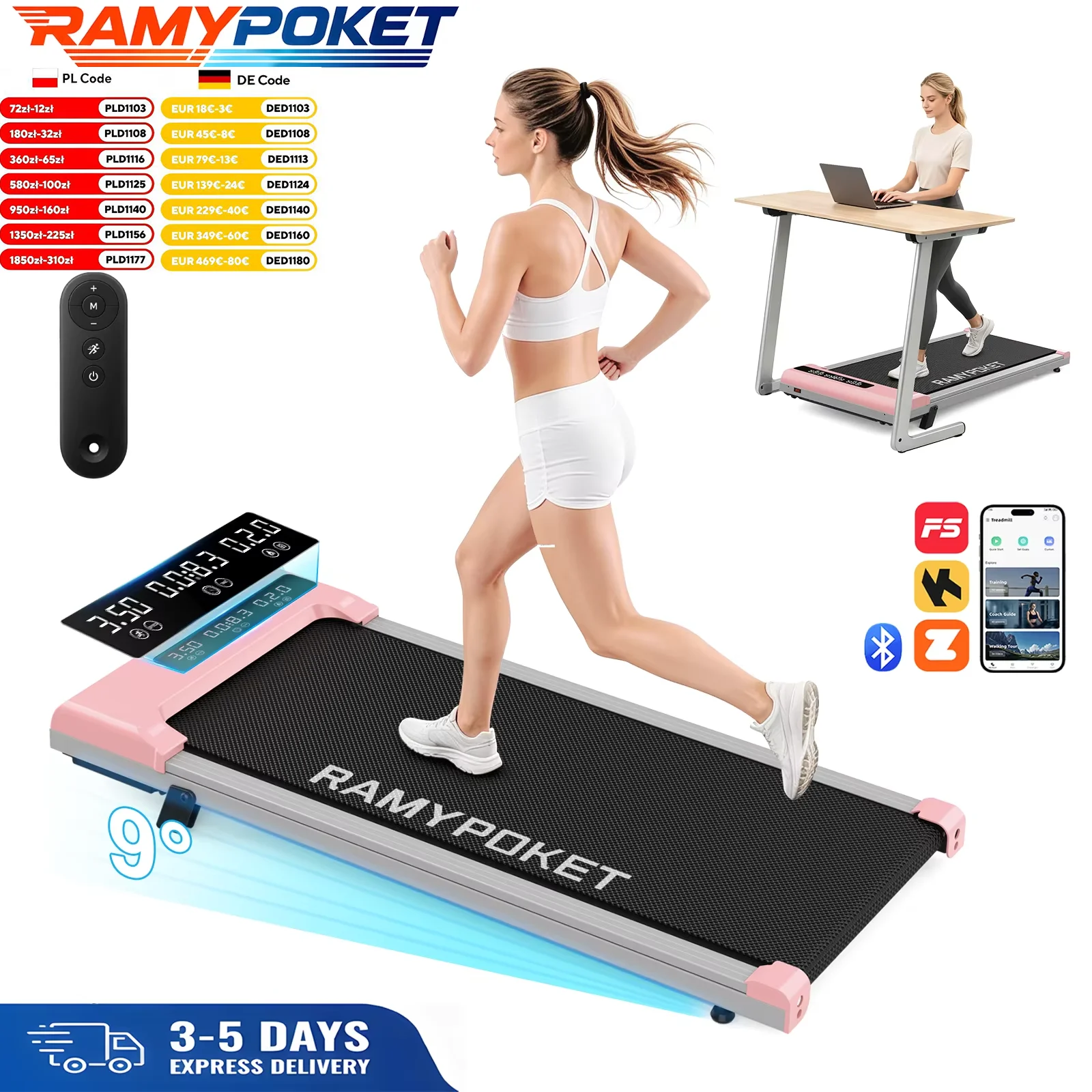 RAMYPOKET Bieżnia nachyleniem 9% cichy silnik sterowanie APP potrójny wyświetlacz prędkość walking pad do domu i biura