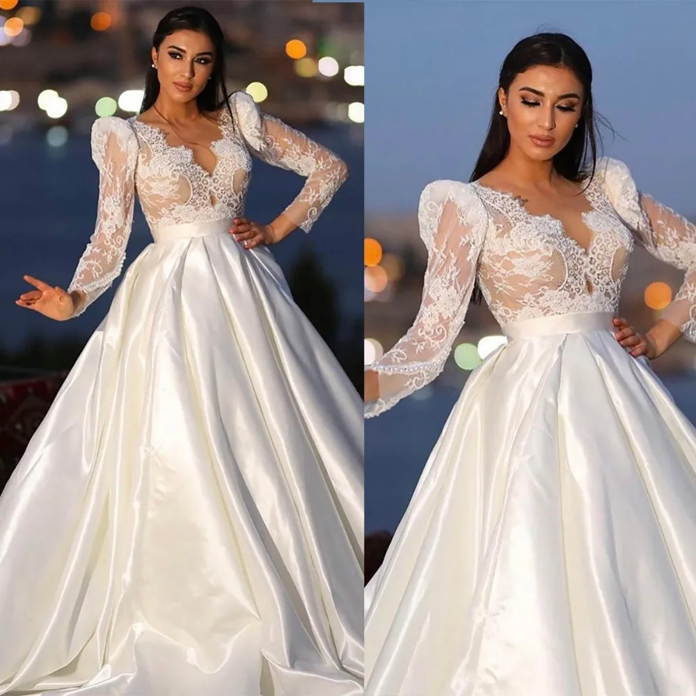 

Elegant A Line Wedding Dress Sheer O-neck Long Puff Sleeves Button Back Bridal Gown Boho Vestido De Novia