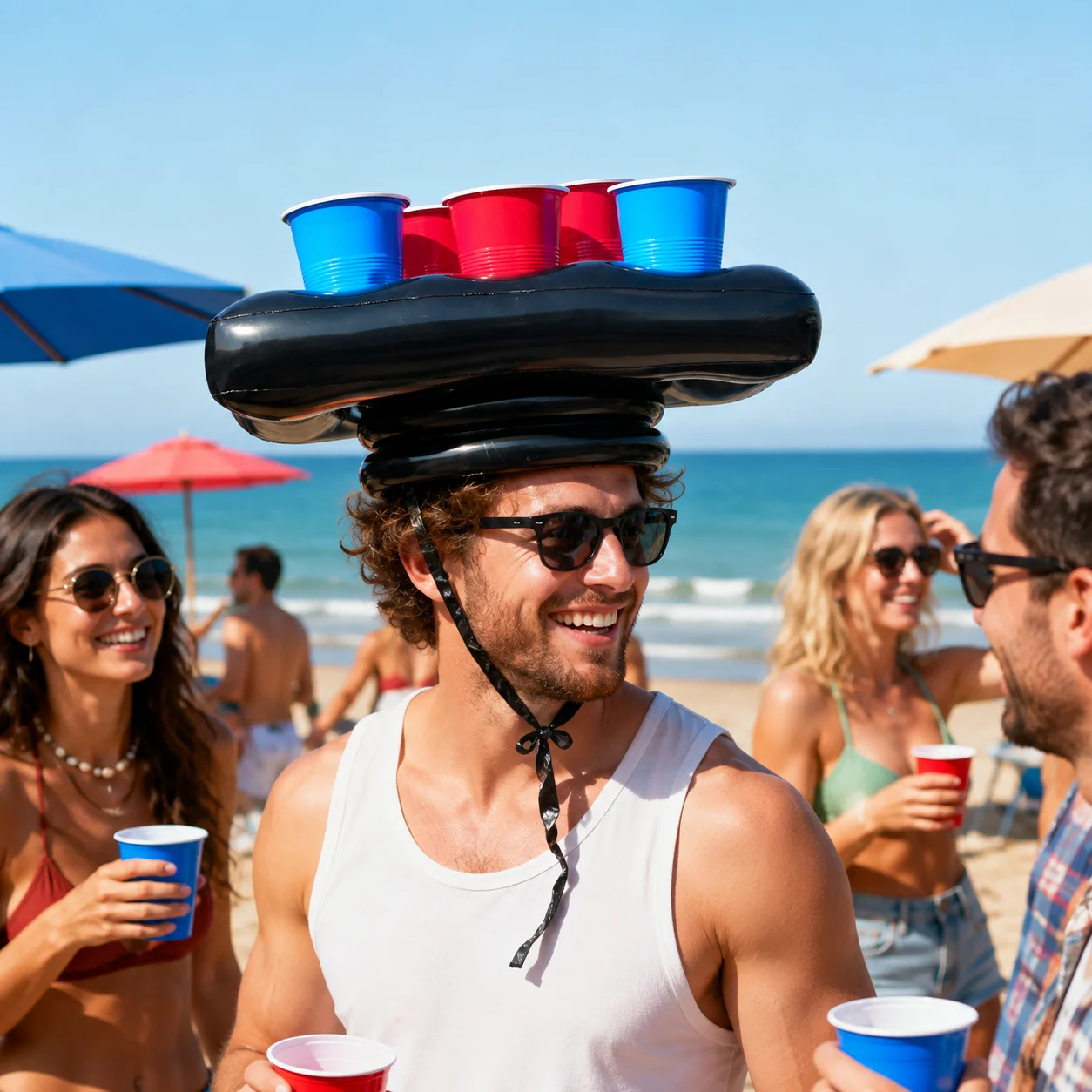 Inflatable Drink Holder Hat 6-Cup Head-Mounted Beverage Tray Black Triangle Party Game Accessory for Pool Beach BBQ