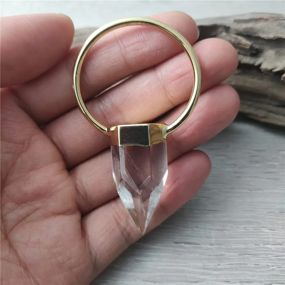 FUWO Natural Amethysts/Fluorite/Pink/Crystal Quartz Point Pendant,Golden Plated Srone Accessories For Necklace Making PD417