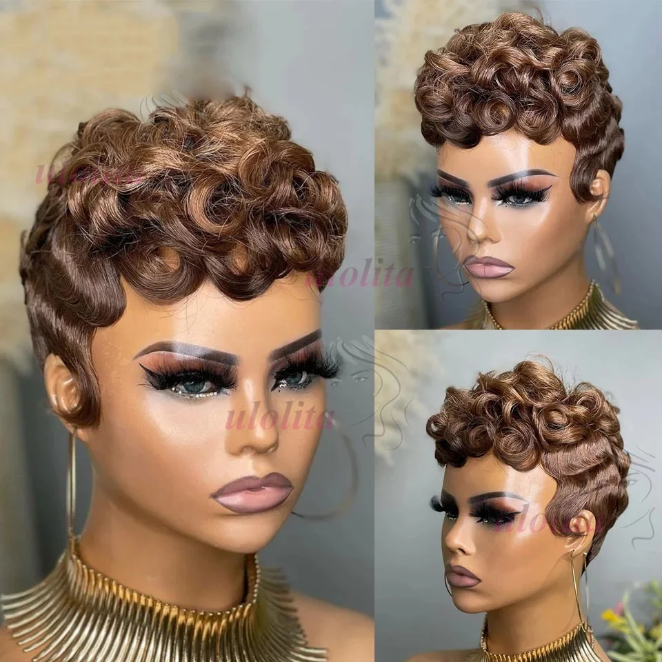 Свободные глубокие короткие парики с стрижкой пикси для женщин, человеческие волосы, шоколадно-коричневый # 4-цветные полностью машинные парики Боб Парик Перуки из перуанских волос