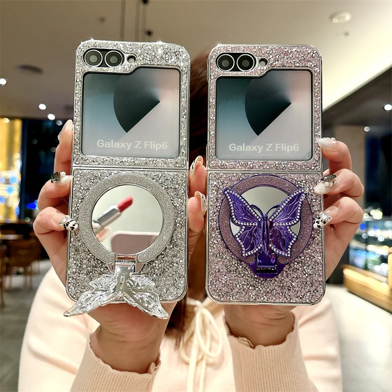 Luxury Flash Diamond Metal Butterfly Flip Makeup Mirror phone case for Samsung Z Flip5 zflip6 3 4 5G fashion stand shock cover