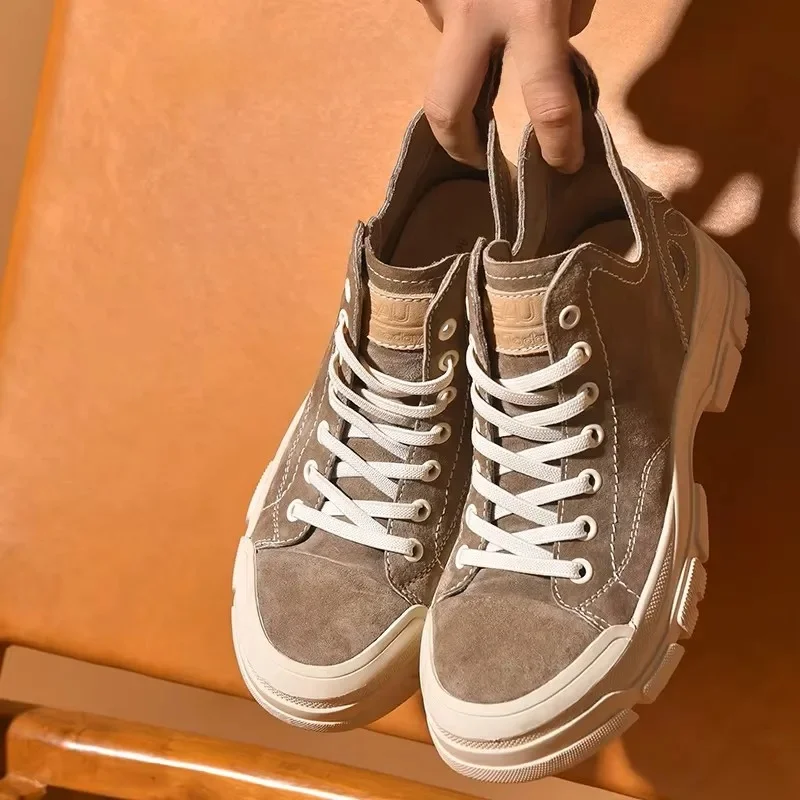 BeauToday trampki damskie zamszowe skórzane okrągłe noski bez koronki wysokie moda Retro damskie płaskie buty ręcznie robione 29575 — zdjęcie 2