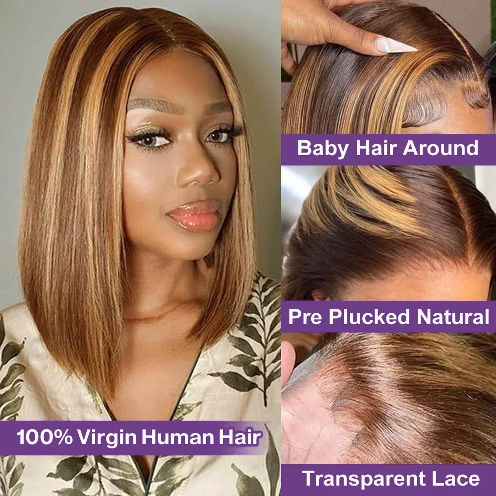 13x4 Frontal Lace Bob Wigs 4/27 Highlight Bob Lace Front Wigs Human Hair Ombre Color Short Straight Bob Wigs for Women