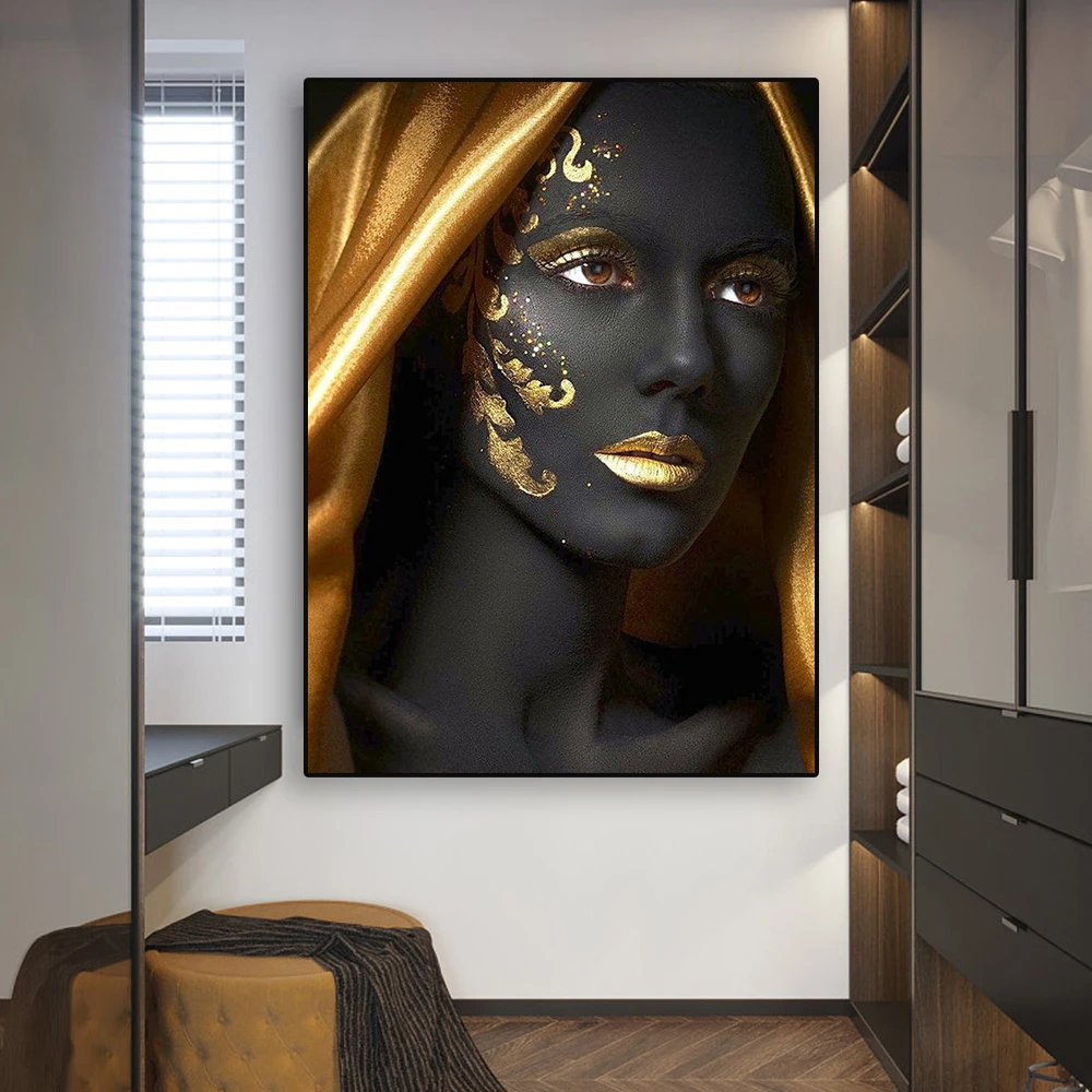 Gold Veiled Woman Canvas Painting African Woman Gold Glitter Oil Painting Poster Black Woman Wall Art Prints Home Room Decor