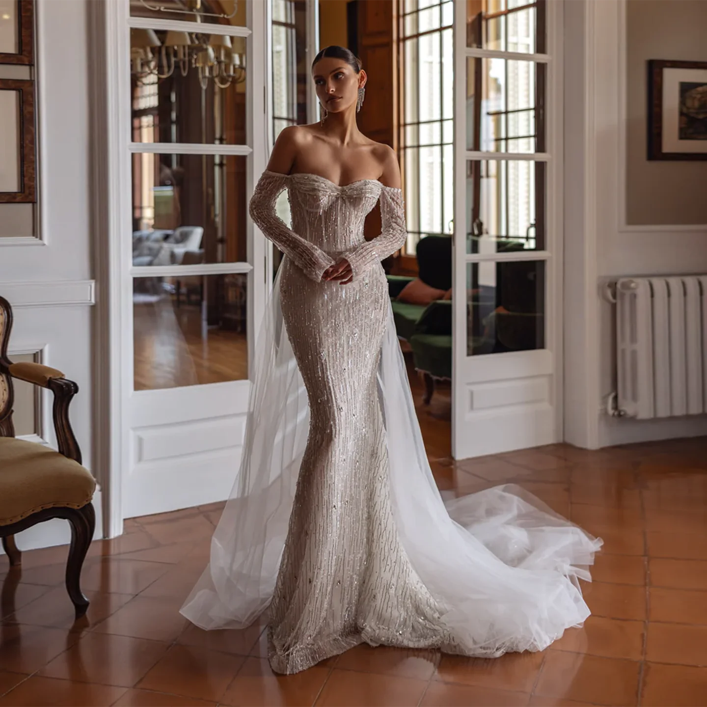 

Sharon Said 2025 High Quality Vintage Mermaid Tulle Wedding Dress Luxury Long Sleeve Sweetheart Bridal Gowns SW395 Customized