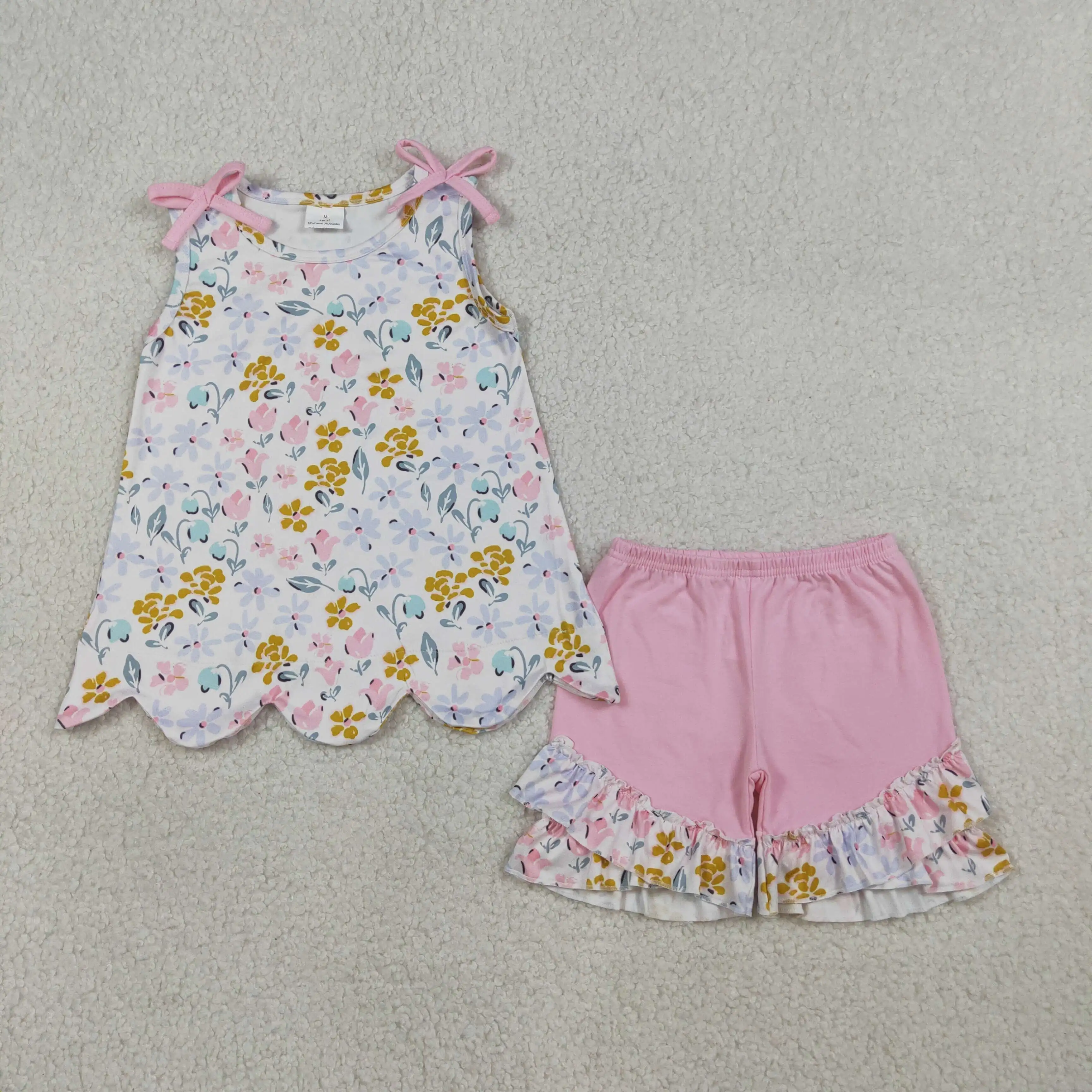 

GSSO3392 New Casual Baby Girls Colorful Flowers Scallop Tunic Ruffle Shorts Clothes Set