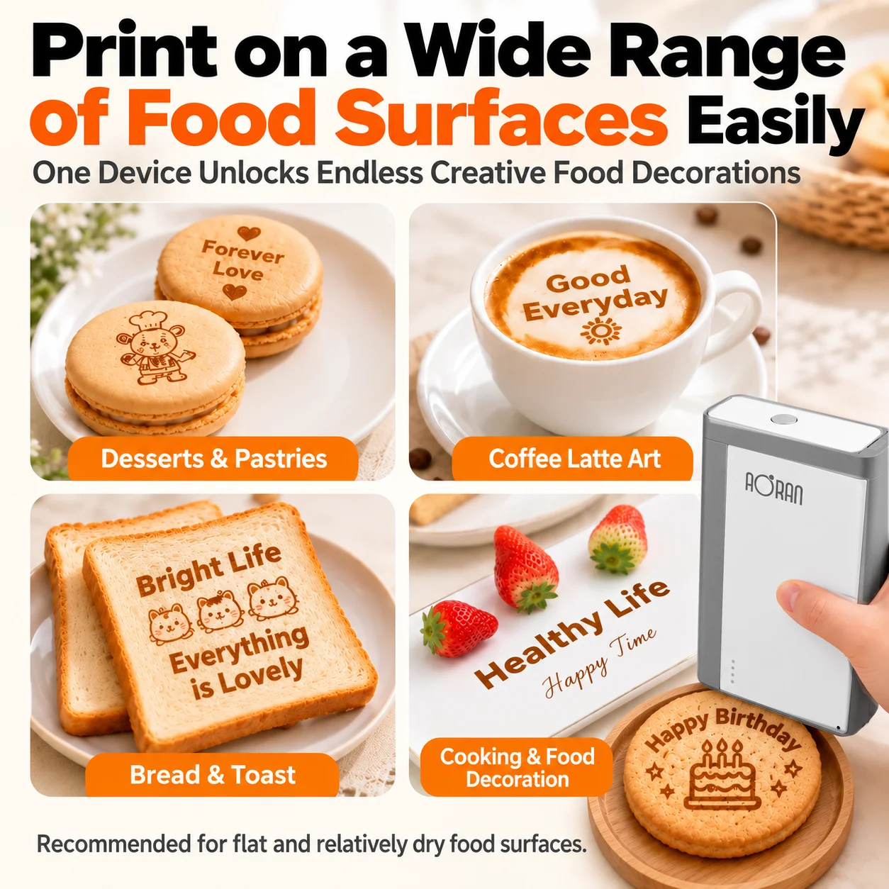 AORAN Portable Coffee Art Printer Handheld Food Decoration Machine for Latte Cake Cookie Chocolate Creative Design