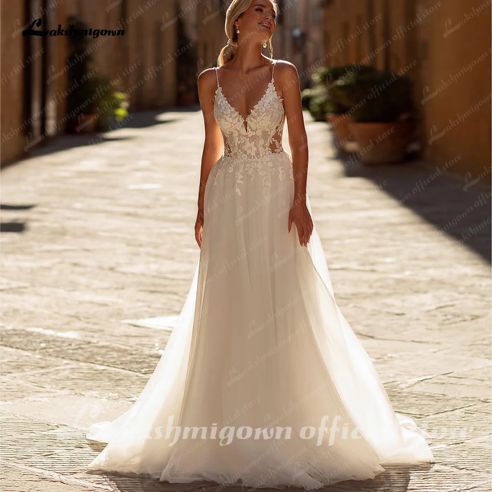 Lakshmigown Bohemain Abiti da sposa Personalizzati Backless Spalline per le donne Matrimonio A-LINE Appliques Abiti da sposa