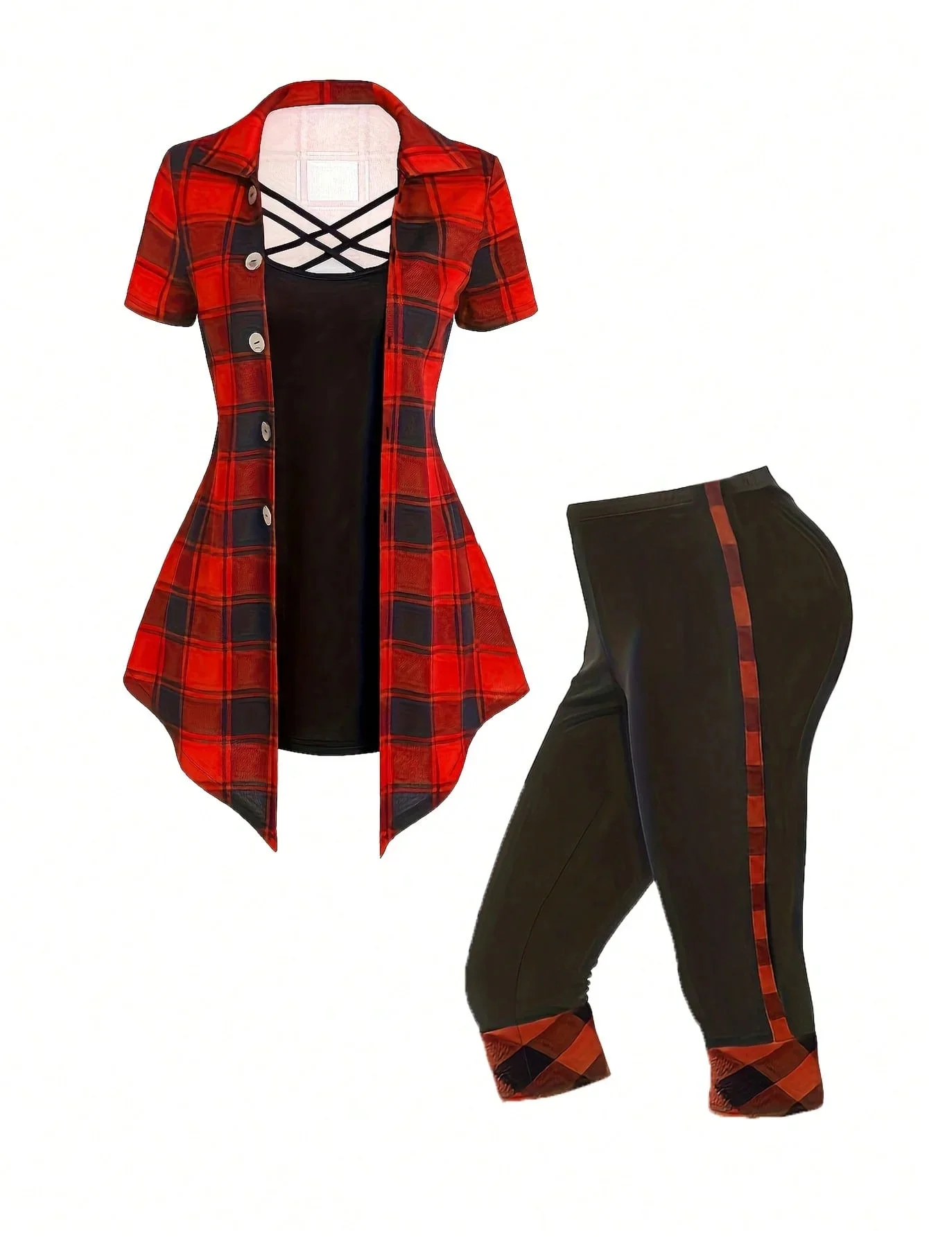 Dwuczęściowy zestaw plus size z nadrukiem w kratę, krzyżowy top z krótkim rękawem i spodnie Capris, odzież damska w dużych rozmiarach — zdjęcie 2