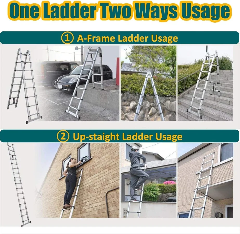 Rechte telescopische A-ladder, opvouwbare draagbare ladder, 330 lbs zwaar draagvermogen, antislipvoeten voor thuisgebruik, camper en buitengebruik
