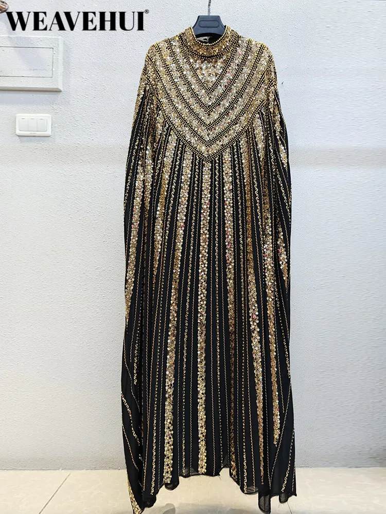 WEAVEHUI Women's Stand Collar Maxi Dress with Beading Sequins Embroidery Vintage Cloak Sleeves Spring Summer Party Female