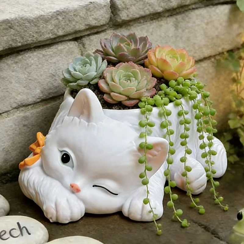 Vaso de Cerâmica Criativo em Formato de Gato Piscando Olhos para Suculentas, Vaso de Flores Fofo em Formato de Animal com Laço para Decoração de Casa, Jardim, Varanda, Presente