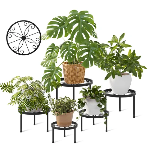 Black 5 Pack Metal Plant Stands Outdoor Heavy Duty Round Flower Pot Racks Anti Rust Iron Planter Risers for Home Garden Decor