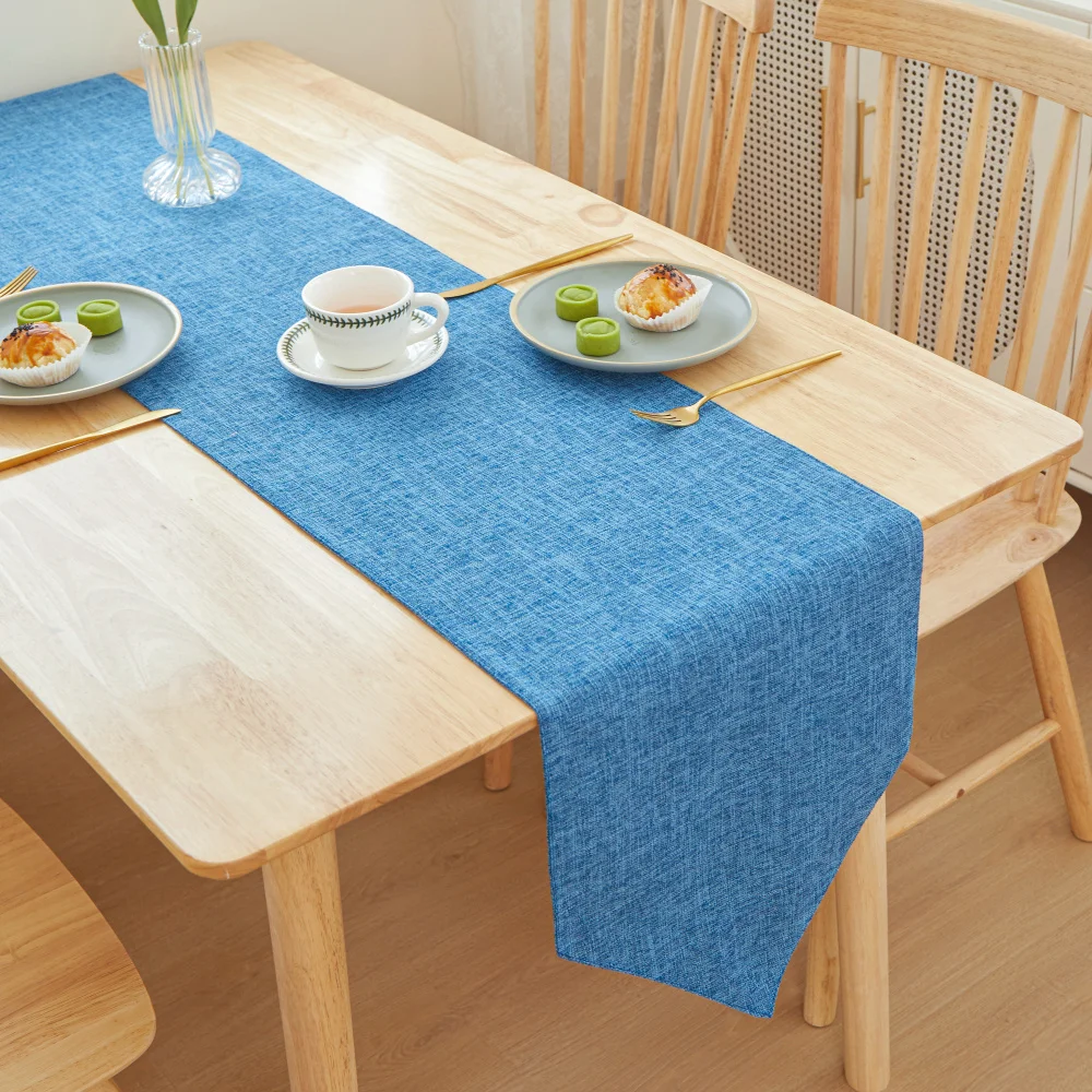 

Thickened Lake Blue Table Runner Solid Linen Printed Tabletop Mat Luxury Elegant Kitchen Cabinet Dining Room Decorating Decor