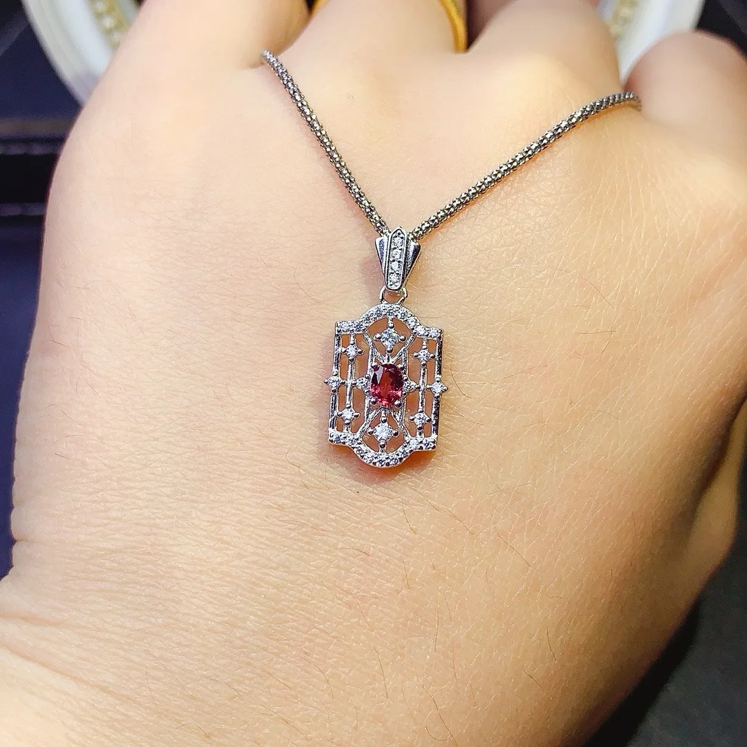 Boutique Jewelry Women's Natural Gemstone Pendant Necklace 925 Pure Silver Plated Platinum 4x3mm Garnet Hollow out Style Gift