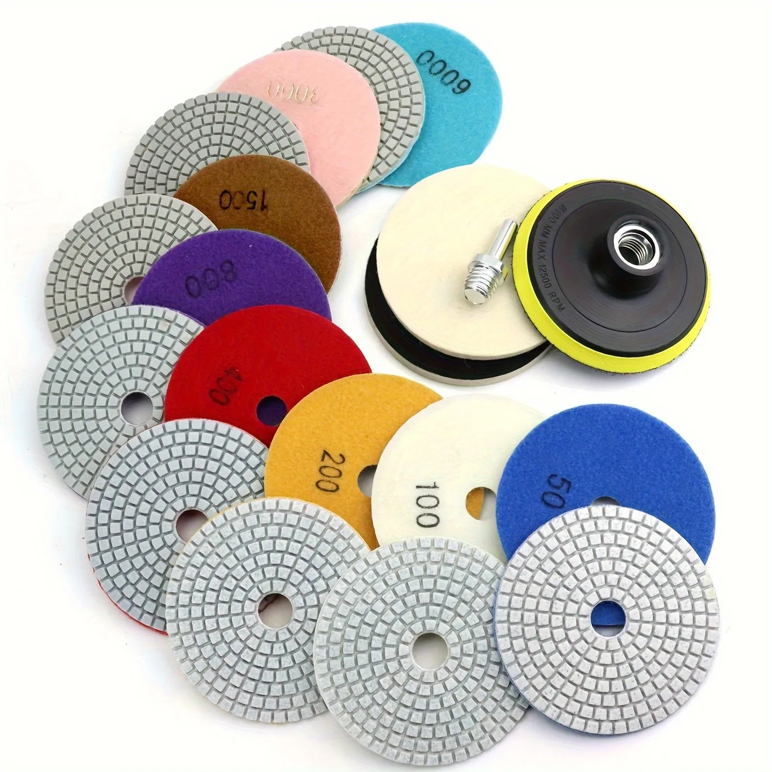 

4 Inch Diamond Polishing Pads with 5/8" 11 Backer Pad, 12pcs Wet/Dry Granite Stone for Drill, Grinder, Polisher