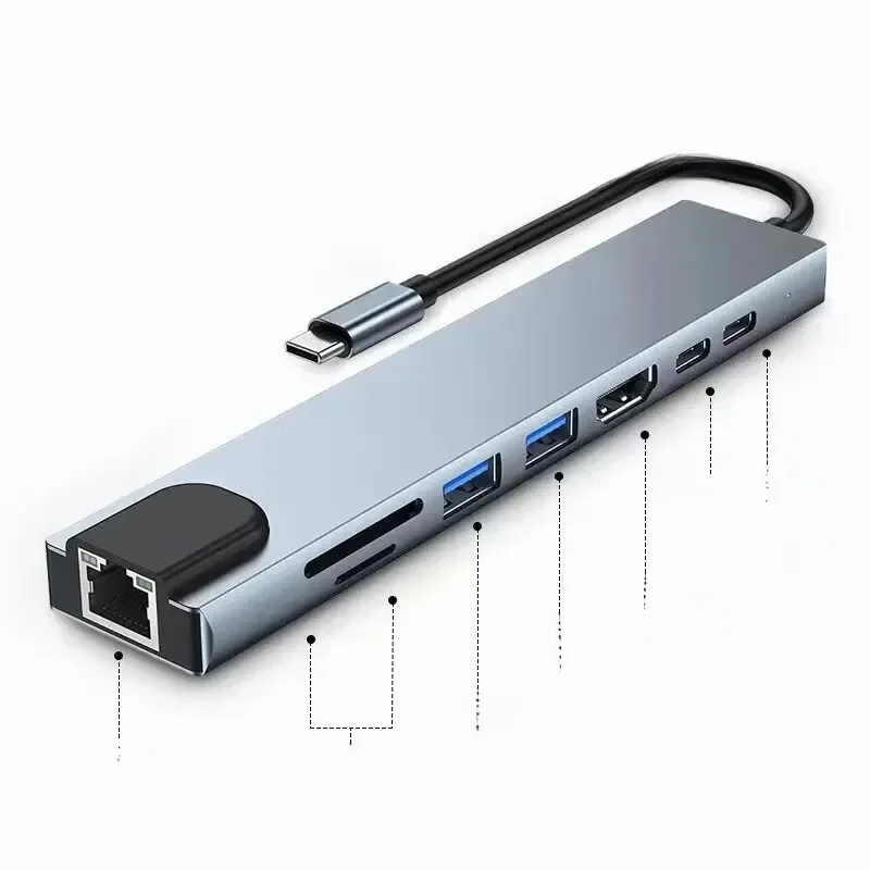 Adaptador de Hub USB Tipo C para Macbook Notebook, 8 em 1, 8 em 1, 3, 1 a 4k, HDMI, Sd, Tf, RJ45,