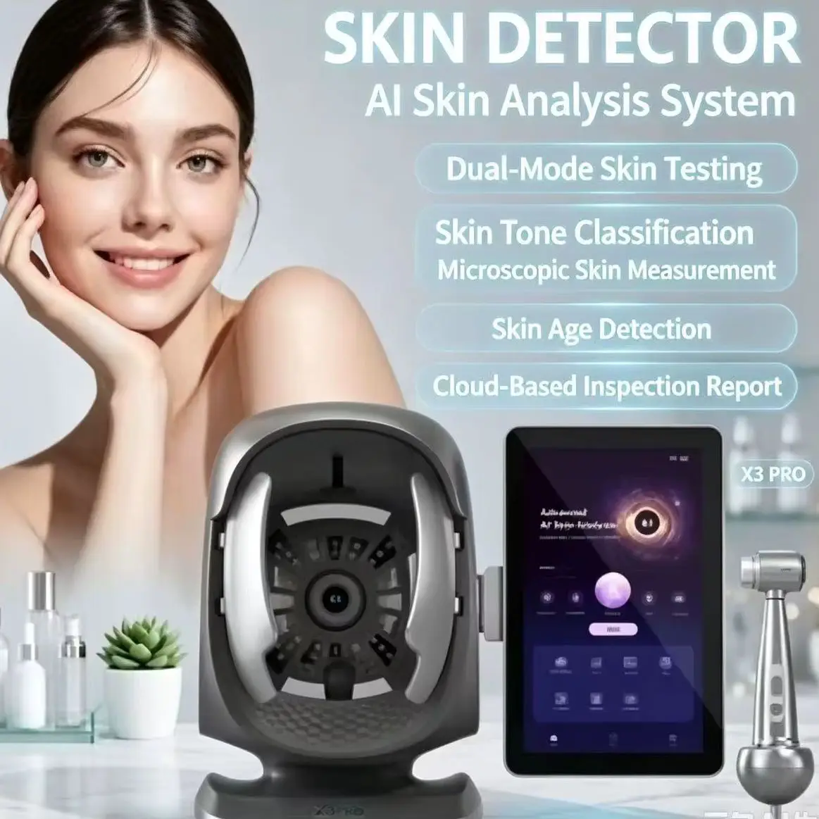 X3 Pro All‑in‑One AI Skin  Scalp Analyzer 8 Spectral Imaging Professional Salon Skin Hair Detection Machine with Report Output.
