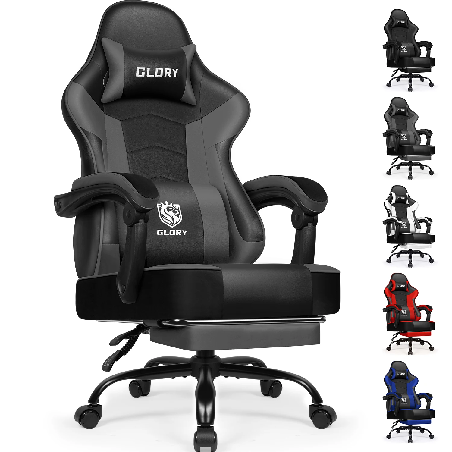 Portreen Fauteuil de gamer, chaise de bureau ergonomique, fonction d'inclinaison jusqu'à 170°, fauteuil de gamer avec repose-pieds, soutien lombaire et appui-tête réglables, capacité de charge jusqu'à