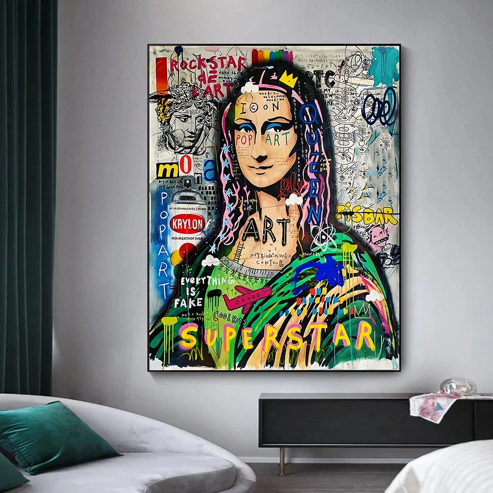 

Modern Graffiti Art Mona Lisa Canvas Painting Poster and Prints Superstar Character Street Pop Art Wall Pictures for Home Decor