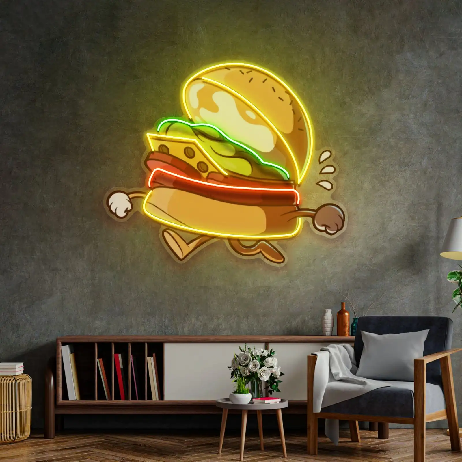 

Burger Running LED Neon Sign Light Pop Art Wall Art Decor Aesthetics Fast Food Restaurant Neon Bar Club Pub UV Printed Sign