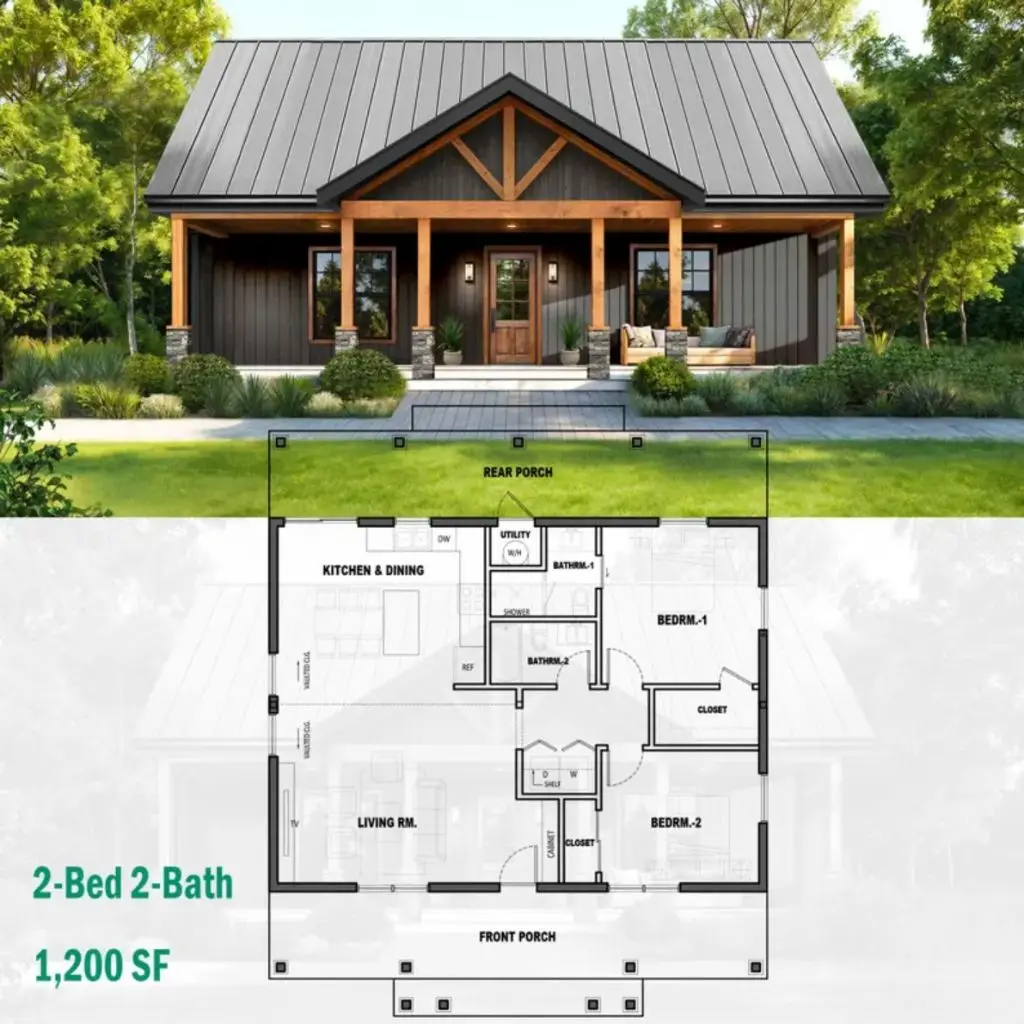 خطة المزرعة 40 × 30 بوصة (خطط مطبوعة) 2 سرير 2 حمام 1200 قدم مربع C2514 |   مخططات بيت الضيوف بمقصورة كوخ صغيرة