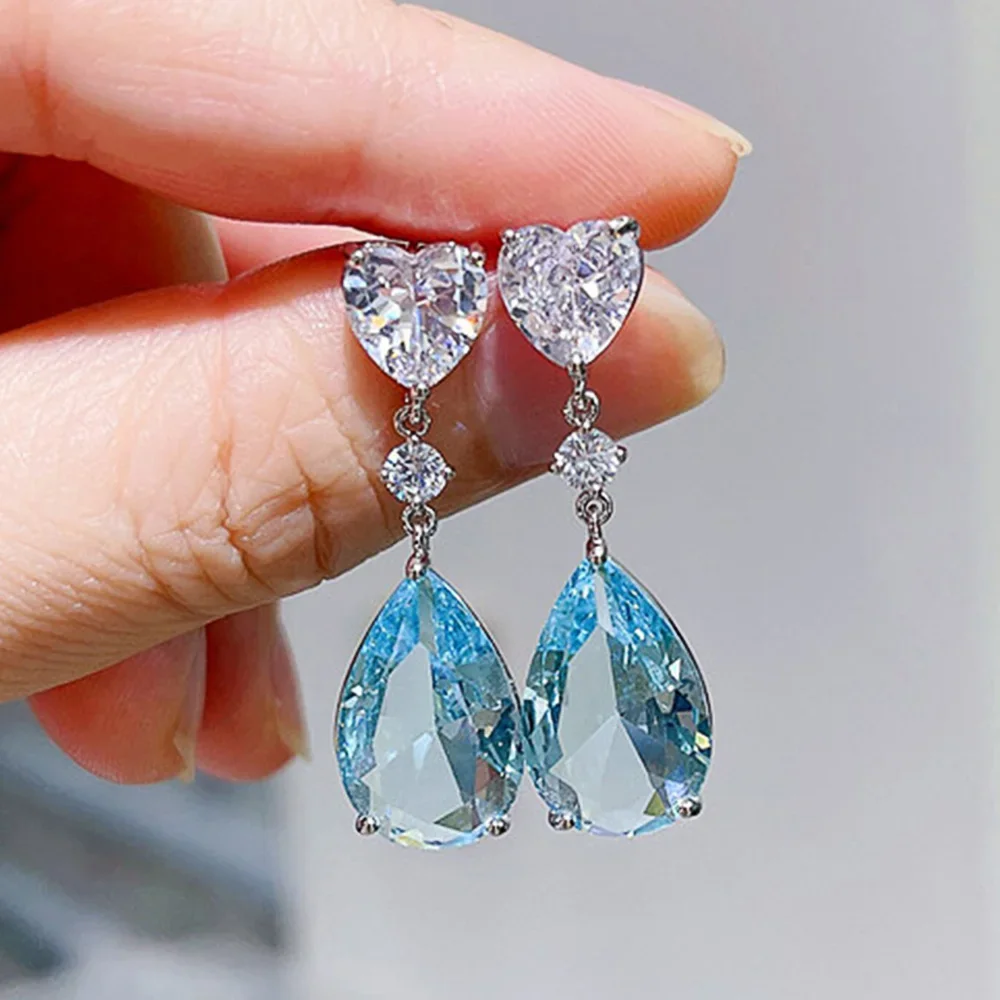 Huitan Ästhetische Grün/Blau Zirkonia Baumeln Ohrringe für Frauen Silber Farbe/Gold Farbe Hochzeit Trend Ewigkeit Liebe schmuck