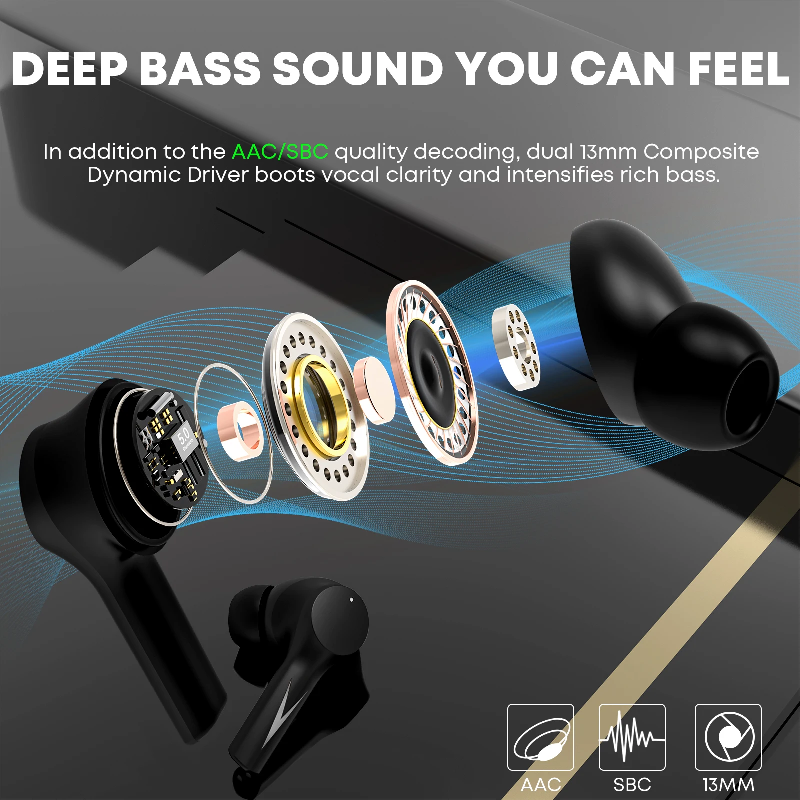 StageSound Wireless Earphones, Bluetooth Earbuds with Extra Deep Bass, HiFi Stere Headphones with Low Latency for Gaming Sport