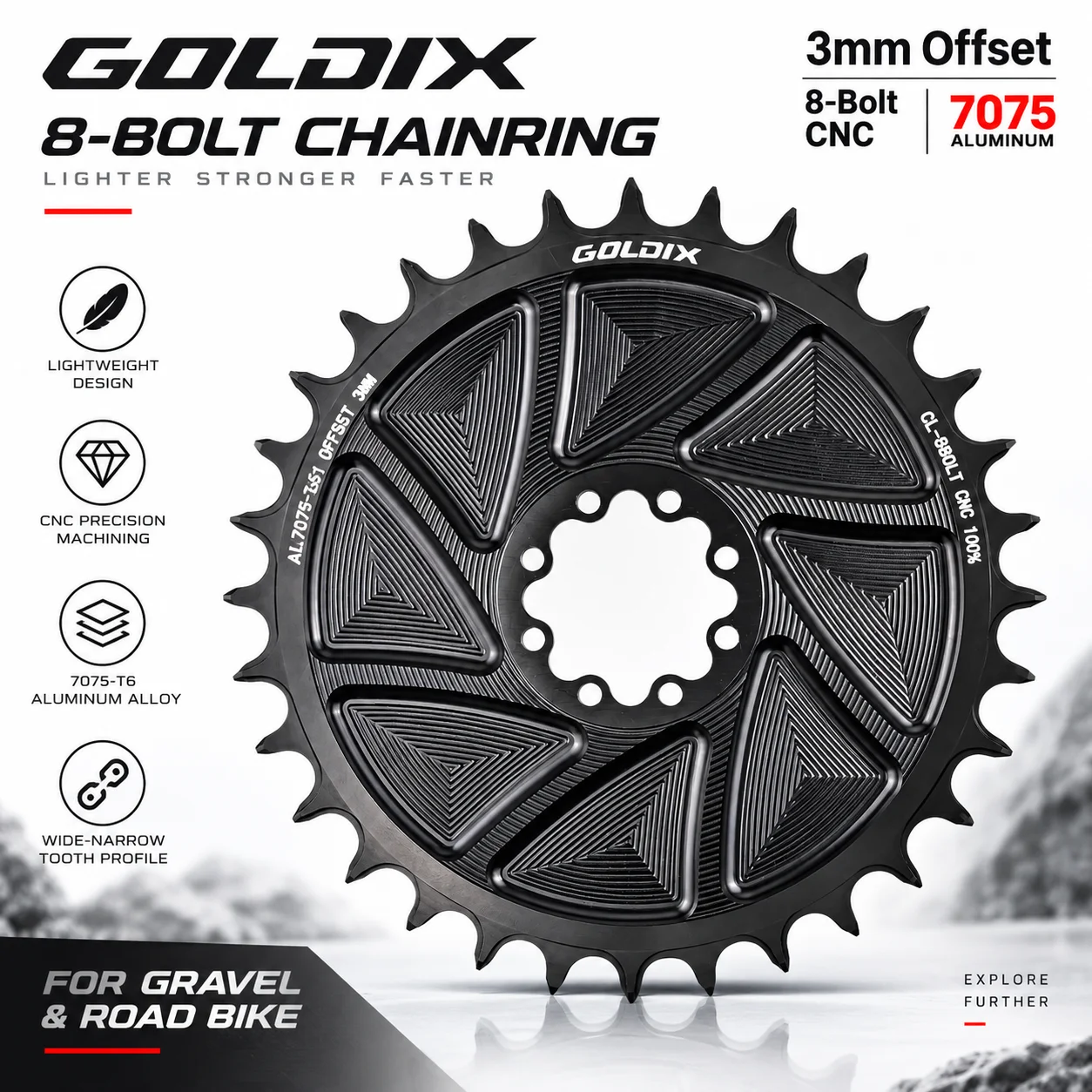 GOLDIX 8-Bolt Direct Mount AERO Bicycle Chainring Narrow Wide CNC Hollow Machined Aluminum Chainwheel for Road MTB Crankset