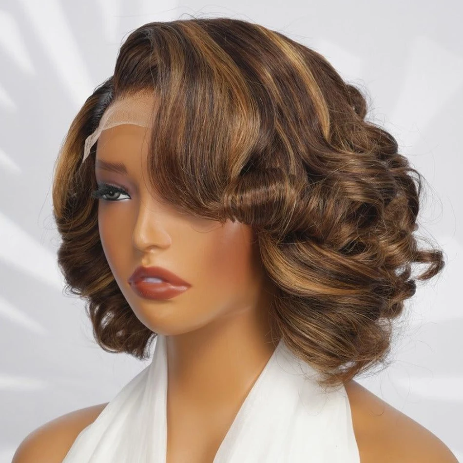 

250% Density Short Bob Wig Highlight 13x4 HD Lace Front Wig Loose Wave Bob Wigs Body Wave 99J For Women 100% Human Hair Lace Wig
