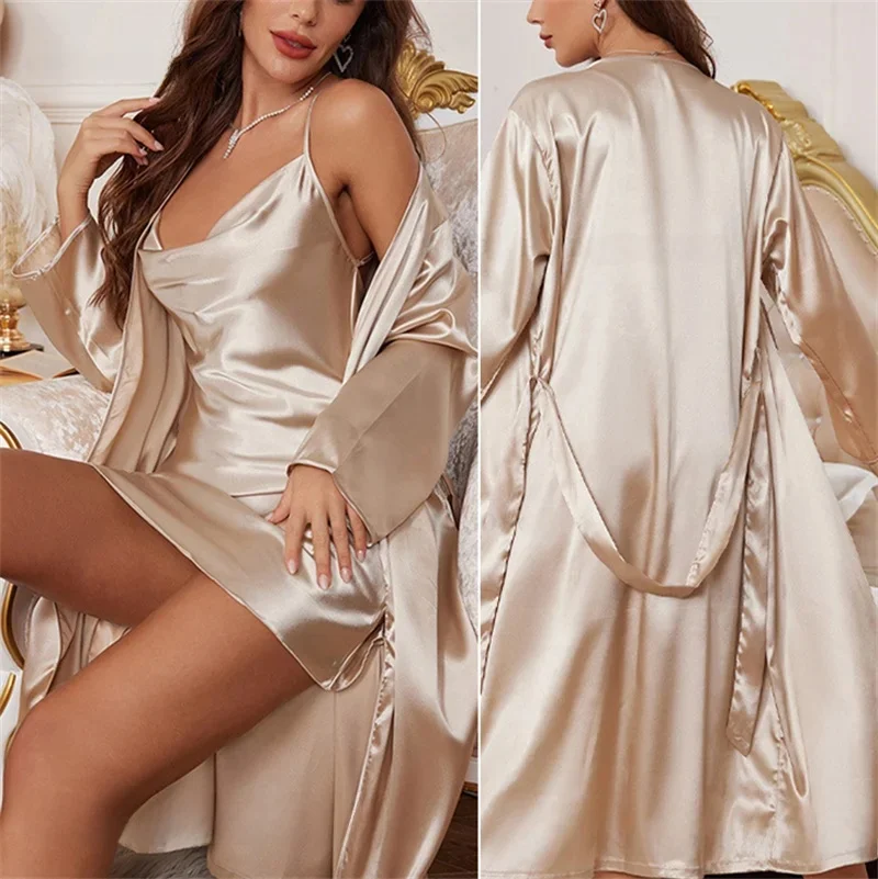 Champagne Zijde Satijn Bruid Bruiloft Gewaad Jurk Set Sexy Jarretel Nachtjapon Lingerie Nieuwe vrouwen Nachtkleding Badjas Gown Homewear
