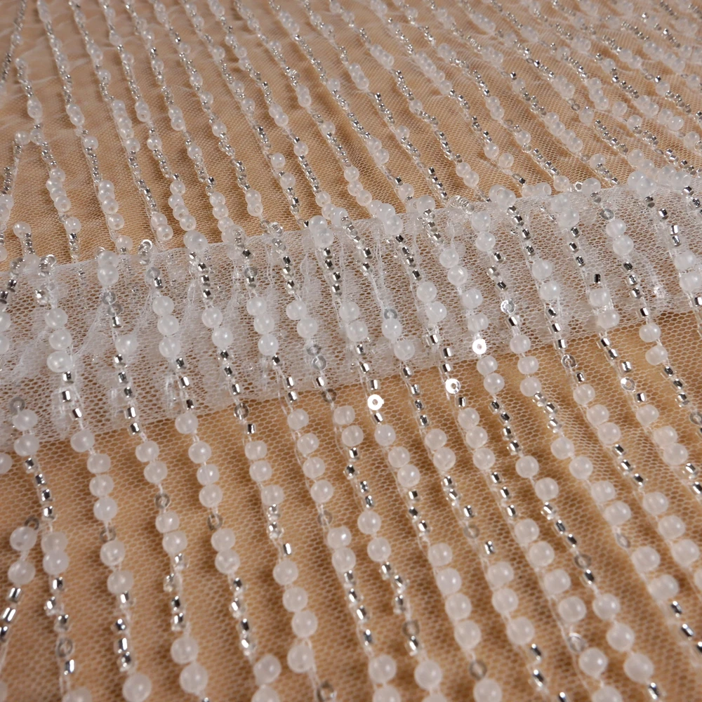 HelluyerDC Off-white  beading lace fabric,125cm width incline lace for fashion,wedding,evening,dance gown by the yard