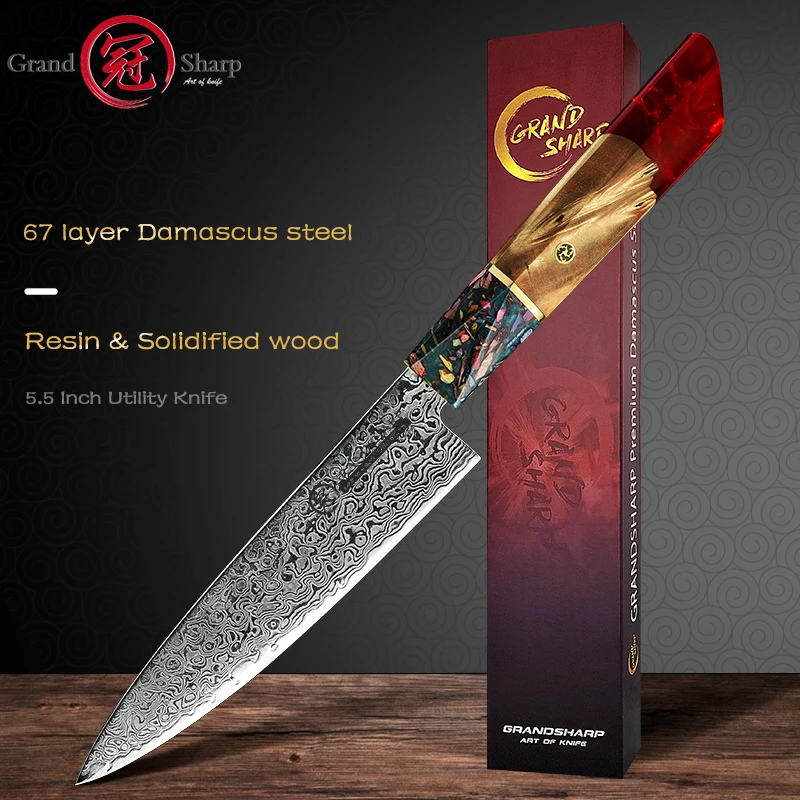 Grandsharp 5.5 Inch Utility Knife Ultra Sharp Japanese Damascus Steel 67 Layers Chef\'s Kitchen Cooking Tools Red White Handle