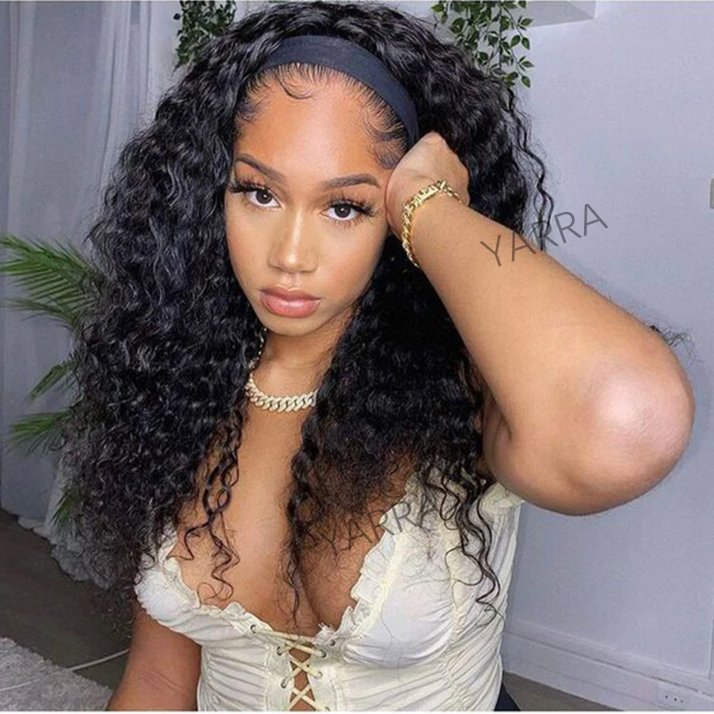 Deep Wave Headband Wig Human Hair Curly Wigs For Women 100% Real Human Hair Wigs 180 Density Full Machine Made Wigs Easy to Wear