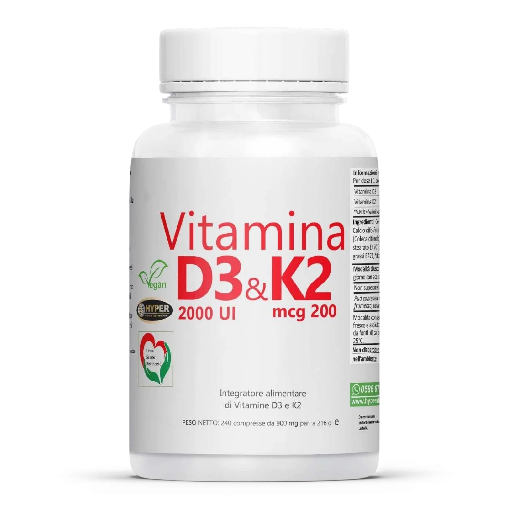 Hyper Suplemento Vitamina D3 K2 240 Comprimidos - Para Dientes Bienestar, Articulaciones, Ossos y Sistema Inmunológico - Suplemento Vitamin D eK2 Vitamina D3 regula el fútbol para huesos y dientes saludables, apoyar el sistema inmunológico. Produzido en Italia.