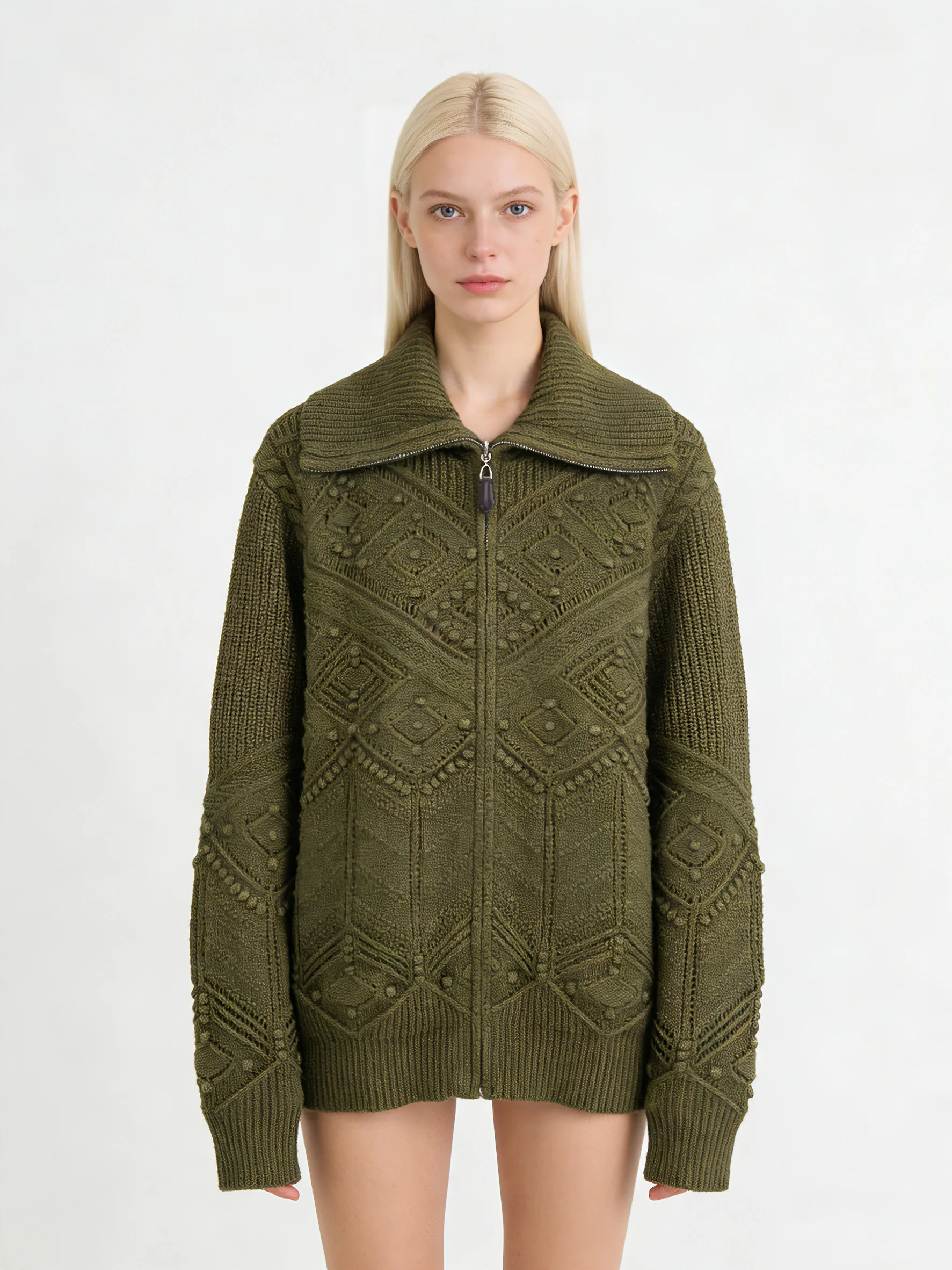 

Vintage Olive Green Argyle Jacquard Knit Cardigan Women Zipper Lapel Cashmere Wool Cashmere Sweater
