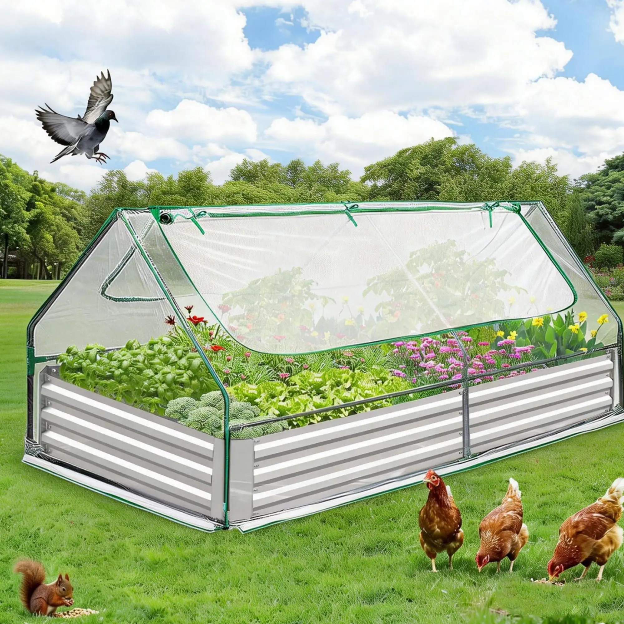 Raised Garden Bed with Clear Top Cover, Outdoor Galvanized Metal Planter Box with 2 Large Screen Windows, Mini Greenhouse for Vegetables and Flowers